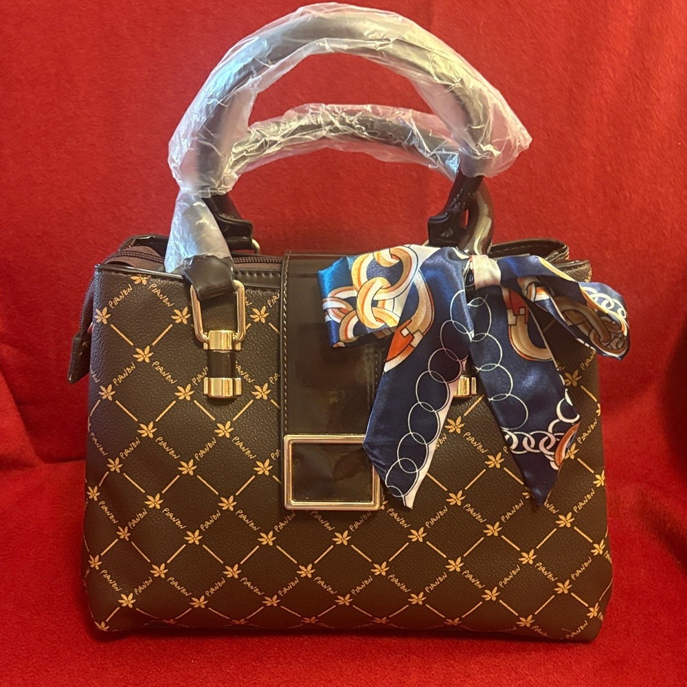 Chic Black and Brown Satchel with Scarf Detail